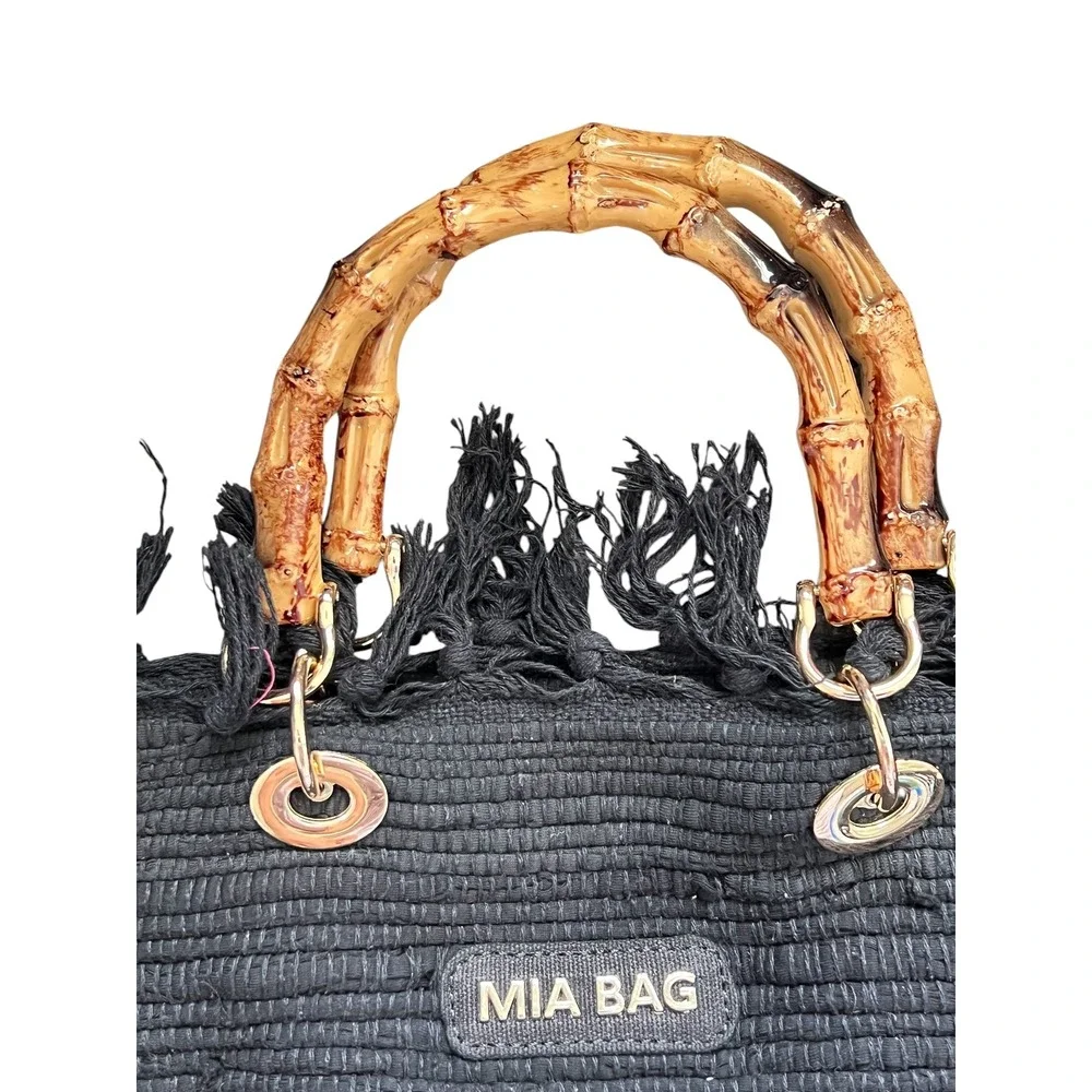 Mia Gypsy Bag Black Woven Tote Fringed Bamboo Handle Boho Handbag